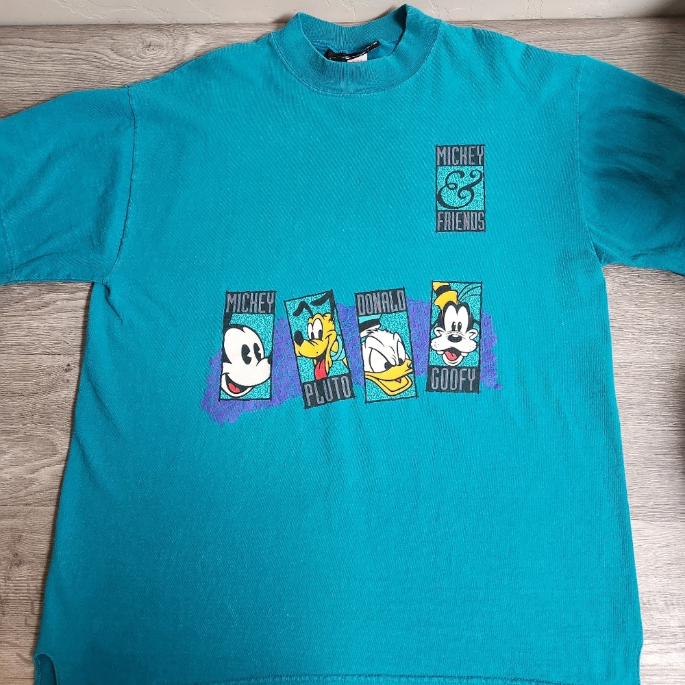 DISNEY Originals Vintage Teal Shirt XL Mickey Pluto Donald Goofy ‎ 90s  Unisex